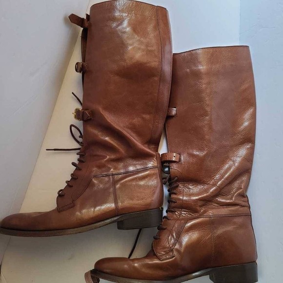 Burberry Womens Riding Boots Brown Leather Buckles Knee High Flat Lace U… - Picture 8 of 12